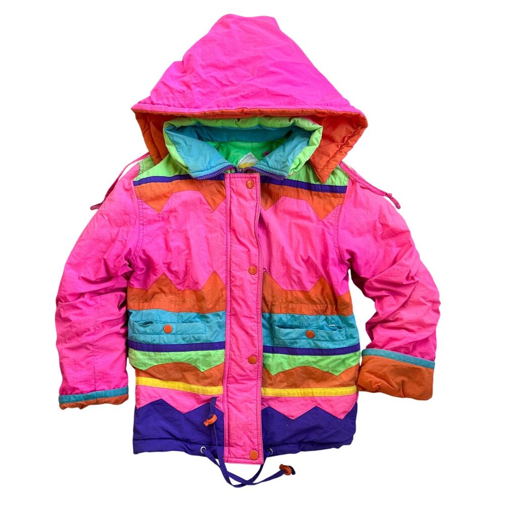 Vtg 1980s 1990s Rothschild Colorblock Hooded Winter Coat Youth Size Medium